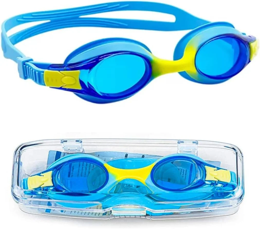 عینک شنای کودکانه با بند سیلیکونی نرم و قابل تنظیم، گیره بینی و گوش گیر، مناسب استخر، به همراه جعبه برای سنین 6 تا 14 سال