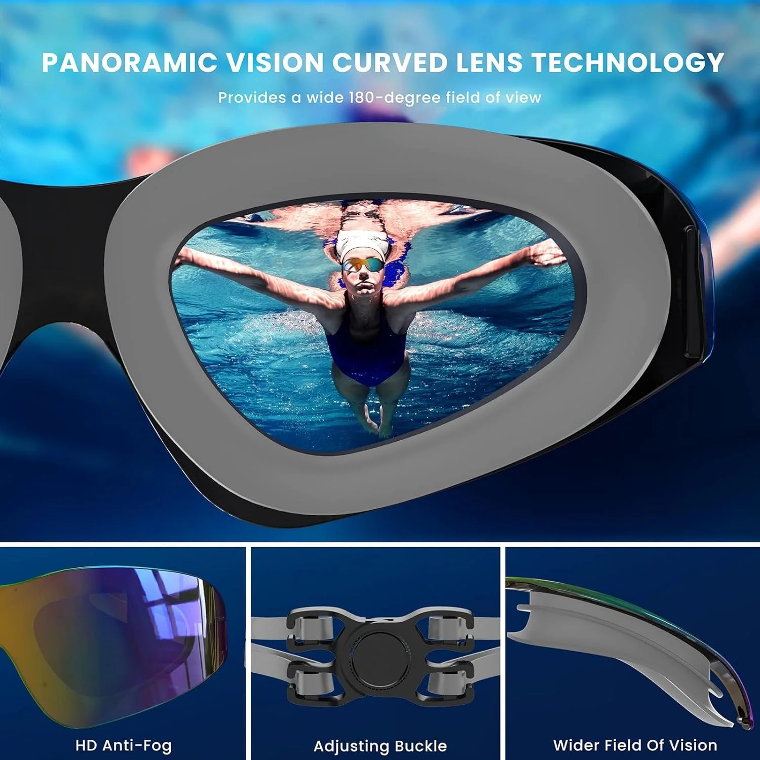 عینک شنا بزرگسال унисекс، ضد بخار، محافظت در برابر اشعه ماوراء بنفش، مناسب برای بزرگسالان و نوجوانان، بندهای قابل تنظیم برای استخر و شنا در فضای باز
