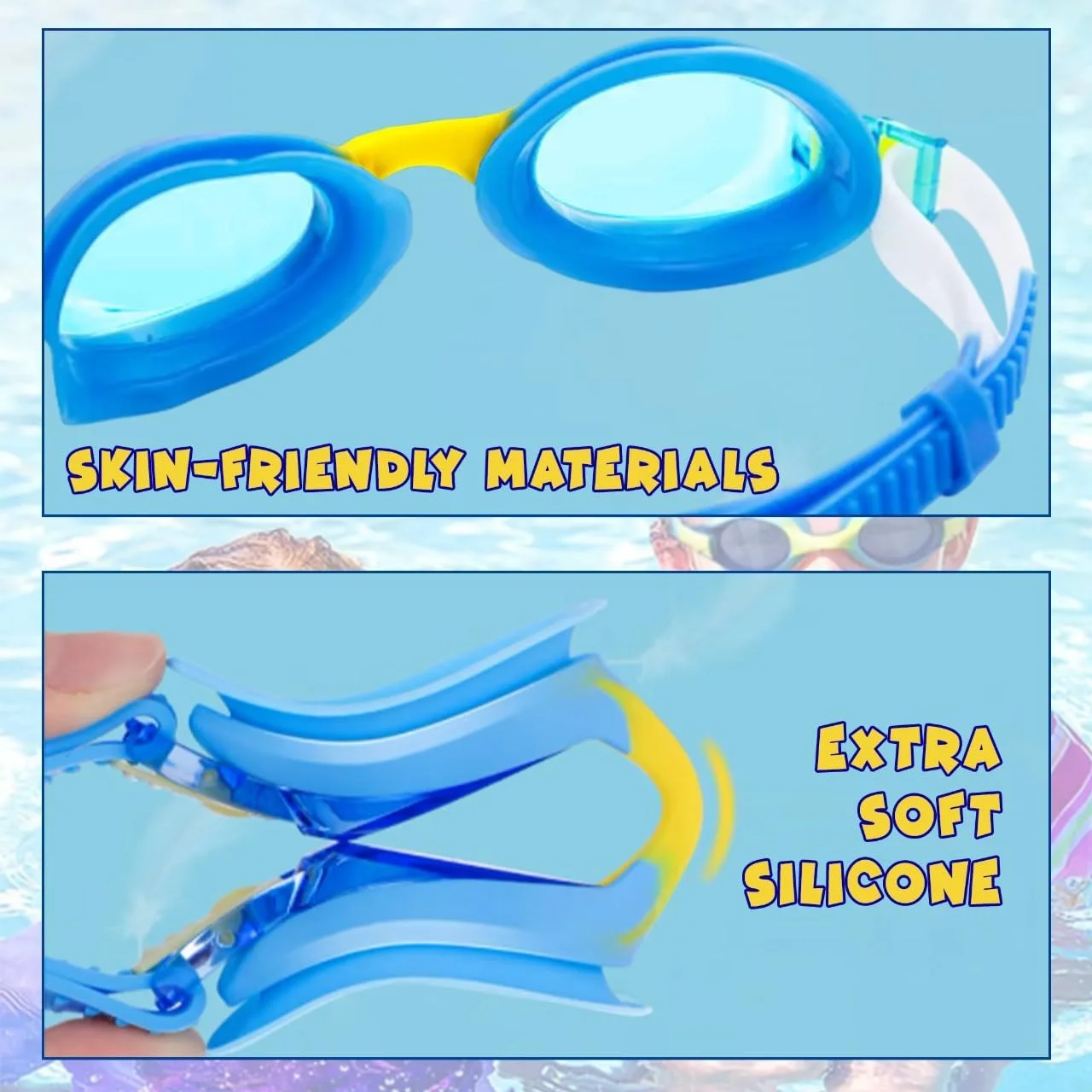 عینک شنای کودکانه با بند سیلیکونی نرم و قابل تنظیم، گیره بینی و گوش گیر، مناسب استخر، به همراه جعبه برای سنین 6 تا 14 سال