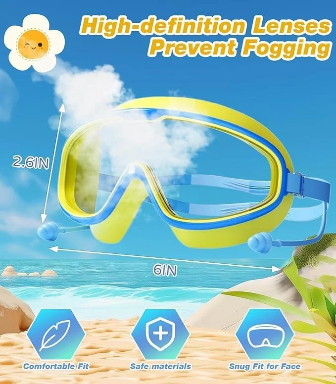 عینک شنا کودکانه U-HOOME، عینک شنا برای کودکان 3 تا 14 سال، عینک استخر با دید عریض به همراه گوش گیر، ضد بخار و محافظت UV مناسب پسران و دختران