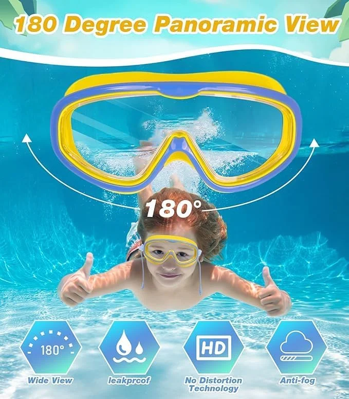 عینک شنا کودکانه U-HOOME، عینک شنا برای کودکان 3 تا 14 سال، عینک استخر با دید عریض به همراه گوش گیر، ضد بخار و محافظت UV مناسب پسران و دختران