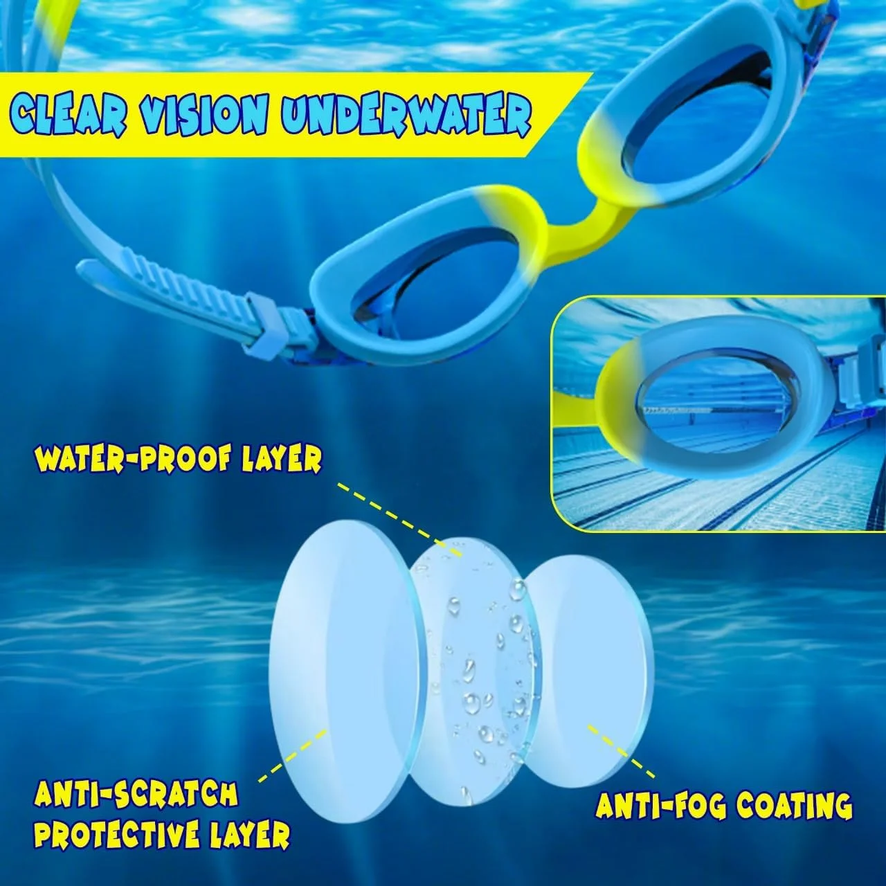عینک شنای کودکانه با بند سیلیکونی نرم و قابل تنظیم، گیره بینی و گوش گیر، مناسب استخر، به همراه جعبه برای سنین 6 تا 14 سال