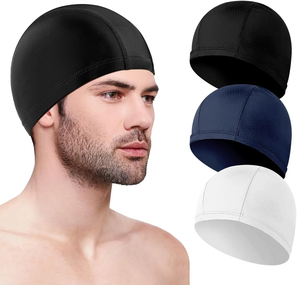 کلاه شنا T Tersely، ست 3 عددی - کلاه های شنا پارچه ای پلی استر کشی و مناسب برای آقایان و بانوان، برای ورزش های آبی در 3 رنگ - کیفیت عالی و کلاه های سبک وزن برای تناسب راحت.