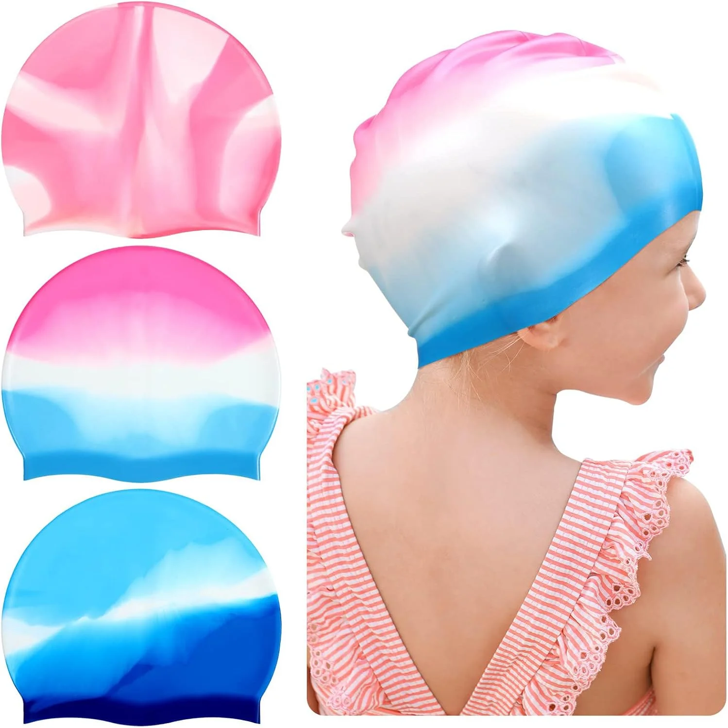 کلاه شنا کودکانه تریفی، مناسب پسران و دختران، کلاه شنای سیلیکونی بزرگ و ضد آب برای موهای بلند و بافته شده، برای موهای کوتاه/بلند برای خشک نگه داشتن مو (3 عدد)