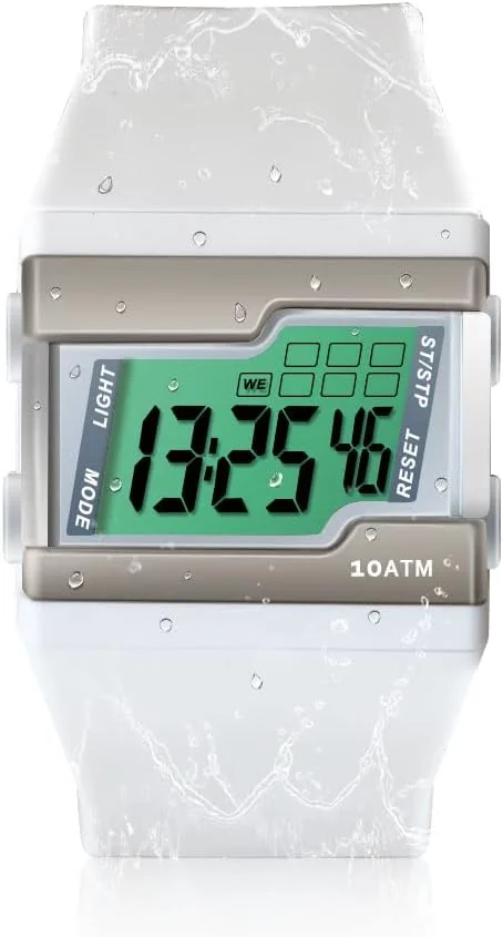 ساعت مچی دیجیتال ورزشی مقاوم در برابر آب تا عمق 100 متر مناسب غواصی و شنا با کرنومتر دور، ساعت زنگ دار، تقویم و نور پس زمینه