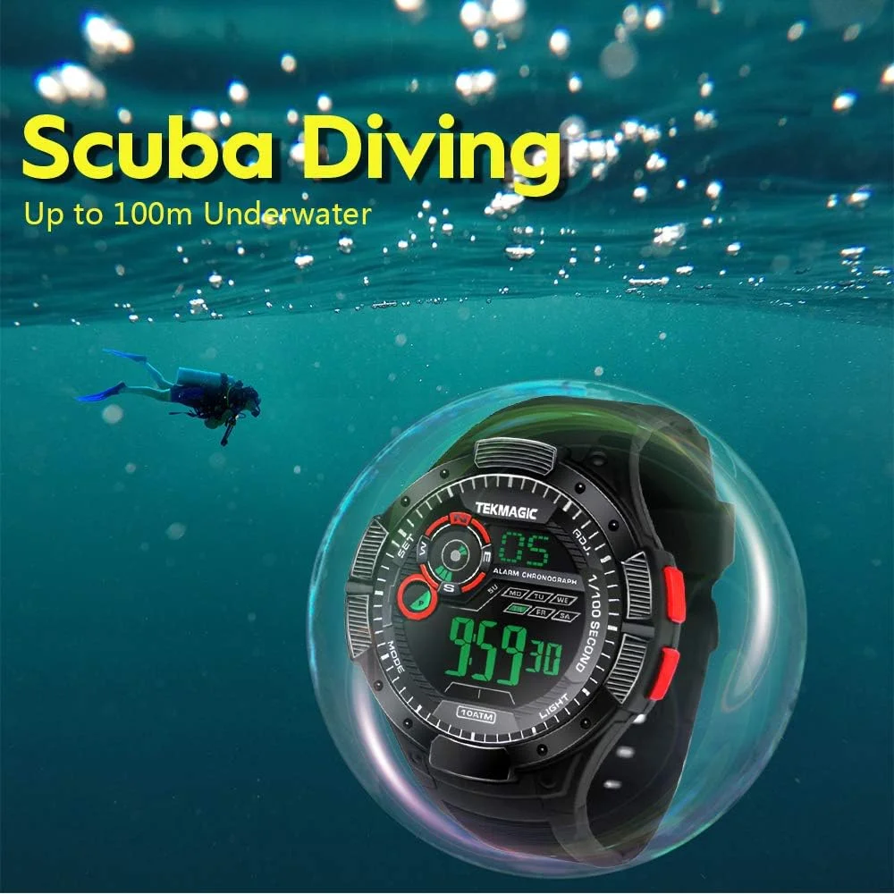 ساعت مچی دیجیتال ورزشی 10ATM ضد آب تا عمق 100 متر مناسب برای شنا و غواصی با آلارم، کرنومتر، تایمر، تقویم و عملکرد دو زمانه
