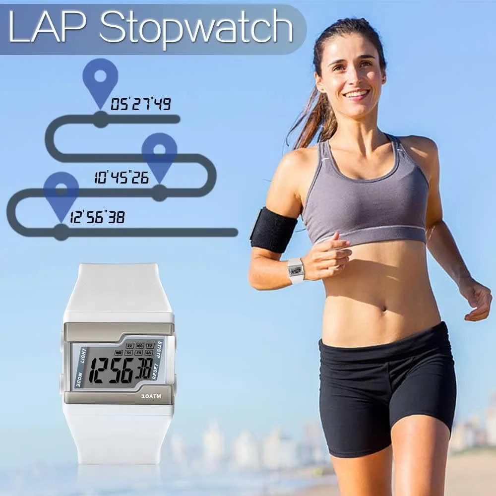 ساعت مچی دیجیتال ورزشی مقاوم در برابر آب تا عمق 100 متر مناسب غواصی و شنا با کرنومتر دور، ساعت زنگ دار، تقویم و نور پس زمینه