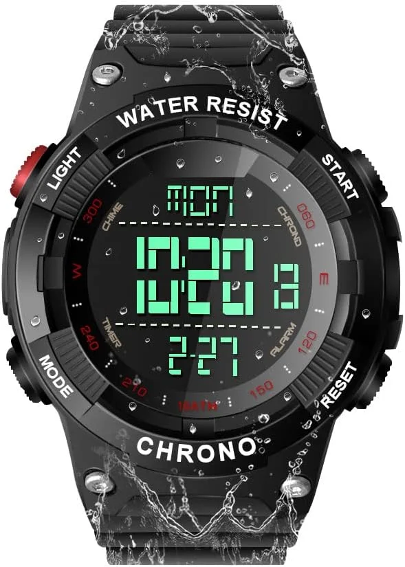 ساعت مچی ورزشی ضد آب 10 ATM مناسب شنا و غواصی با عملکردهای ساعت زنگ دار، کرنومتر، زمان سنج، شمارش معکوس، تایمر، زمان دوگانه و تقویم، قابل تغییر بین فرمت 12 و 24 ساعته