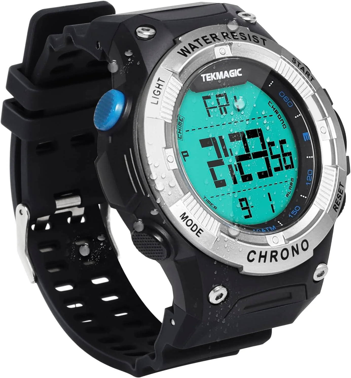 ساعت مچی دیجیتال ورزشی مردانه، ضد آب تا 100 متر با نور پس زمینه، ساعت زنگ دار، کرنومتر، تقویم، نمایش دو زمانه، مناسب برای شنا و غواصی