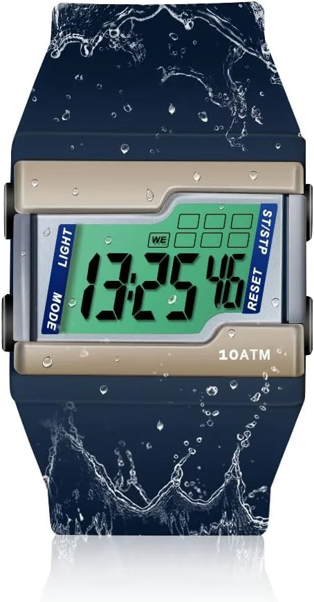 ساعت مچی دیجیتال مقاوم در برابر آب تا 10 اتمسفر مناسب شنا و غواصی با عملکردهای متعدد کرنومتر، ساعت زنگ دار، تقویم و نور پس زمینه