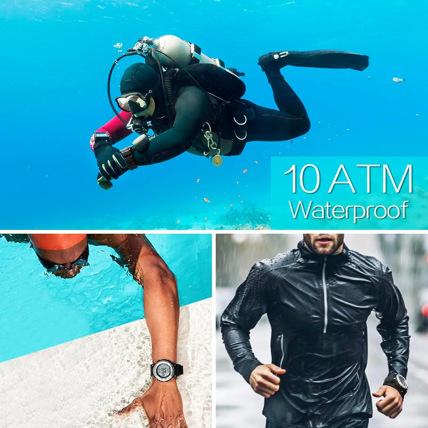 ساعت مچی دیجیتال ورزشی مردانه، ضد آب تا 100 متر با نور پس زمینه، ساعت زنگ دار، کرنومتر، تقویم، نمایش دو زمانه، مناسب برای شنا و غواصی