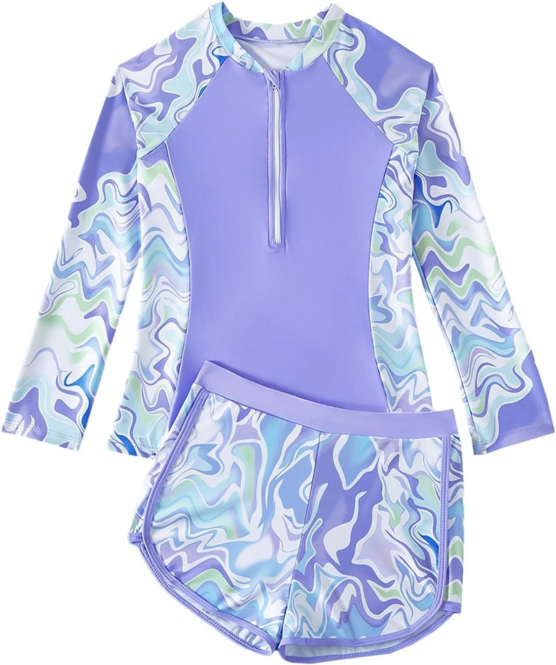 مایو دخترانه با شورت، لباس شنای دخترانه با شورت، لباس شنای آستین بلند زیپ دار برای کودکان 8-12 سال، مایو دخترانه نوجوان، سایز 10 سال