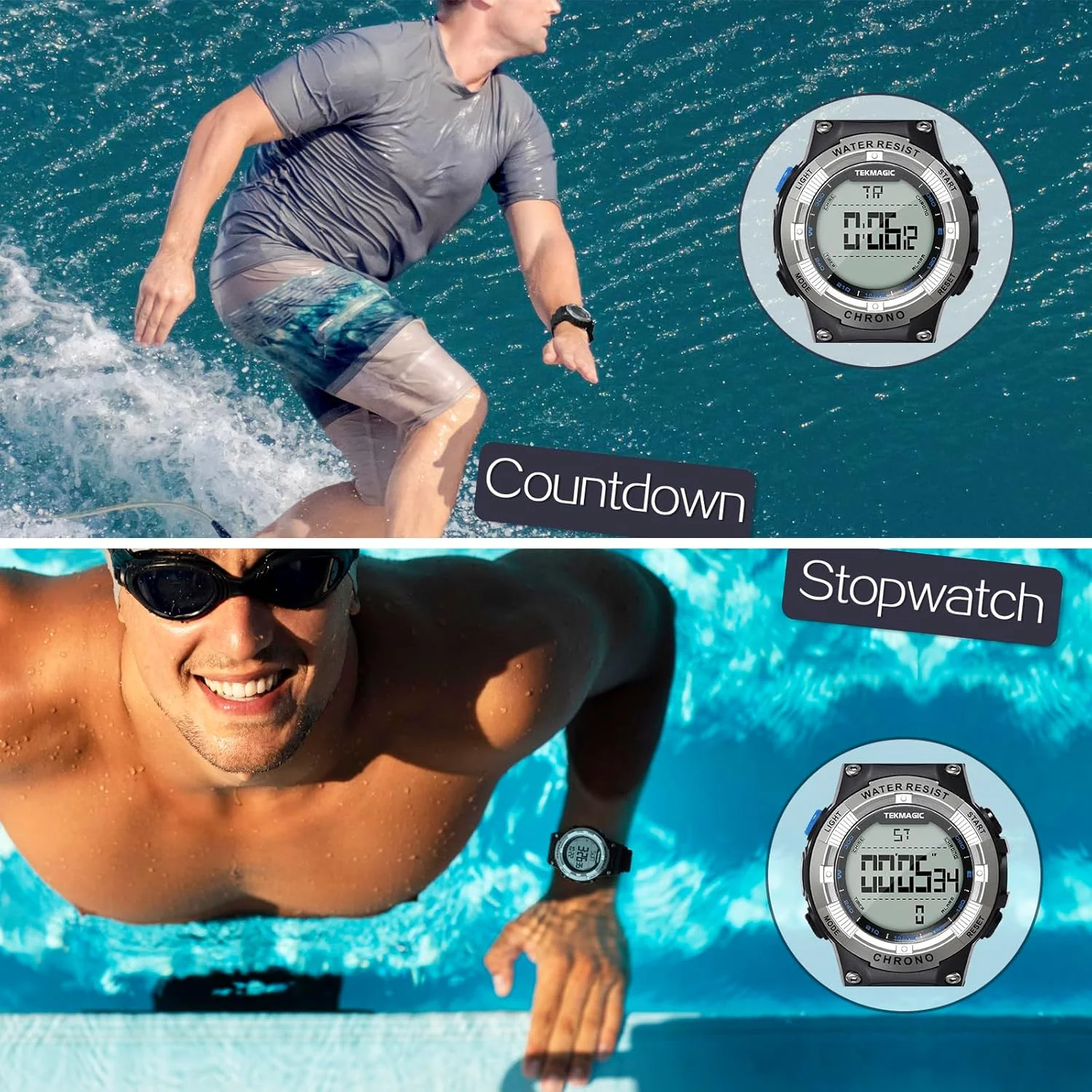 ساعت مچی دیجیتال ورزشی مردانه، ضد آب تا 100 متر با نور پس زمینه، ساعت زنگ دار، کرنومتر، تقویم، نمایش دو زمانه، مناسب برای شنا و غواصی