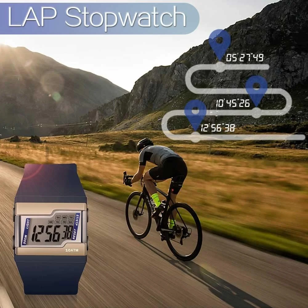 ساعت مچی دیجیتال مقاوم در برابر آب تا 10 اتمسفر مناسب شنا و غواصی با عملکردهای متعدد کرنومتر، ساعت زنگ دار، تقویم و نور پس زمینه