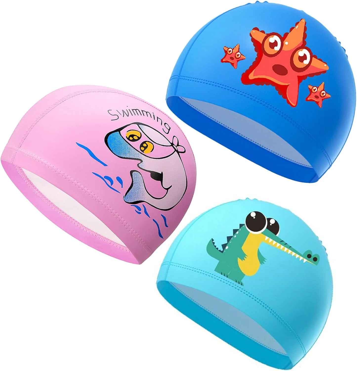 ست ۳ عددی کلاه شنا بچگانه، کلاه شنا ضد آب با روکش PU، طرح کارتونی زیبا، مناسب کودکان دختر و پسر ۳ تا ۱۶ سال، بادوام و ضد لغزش، کلاه شنای الاستیک