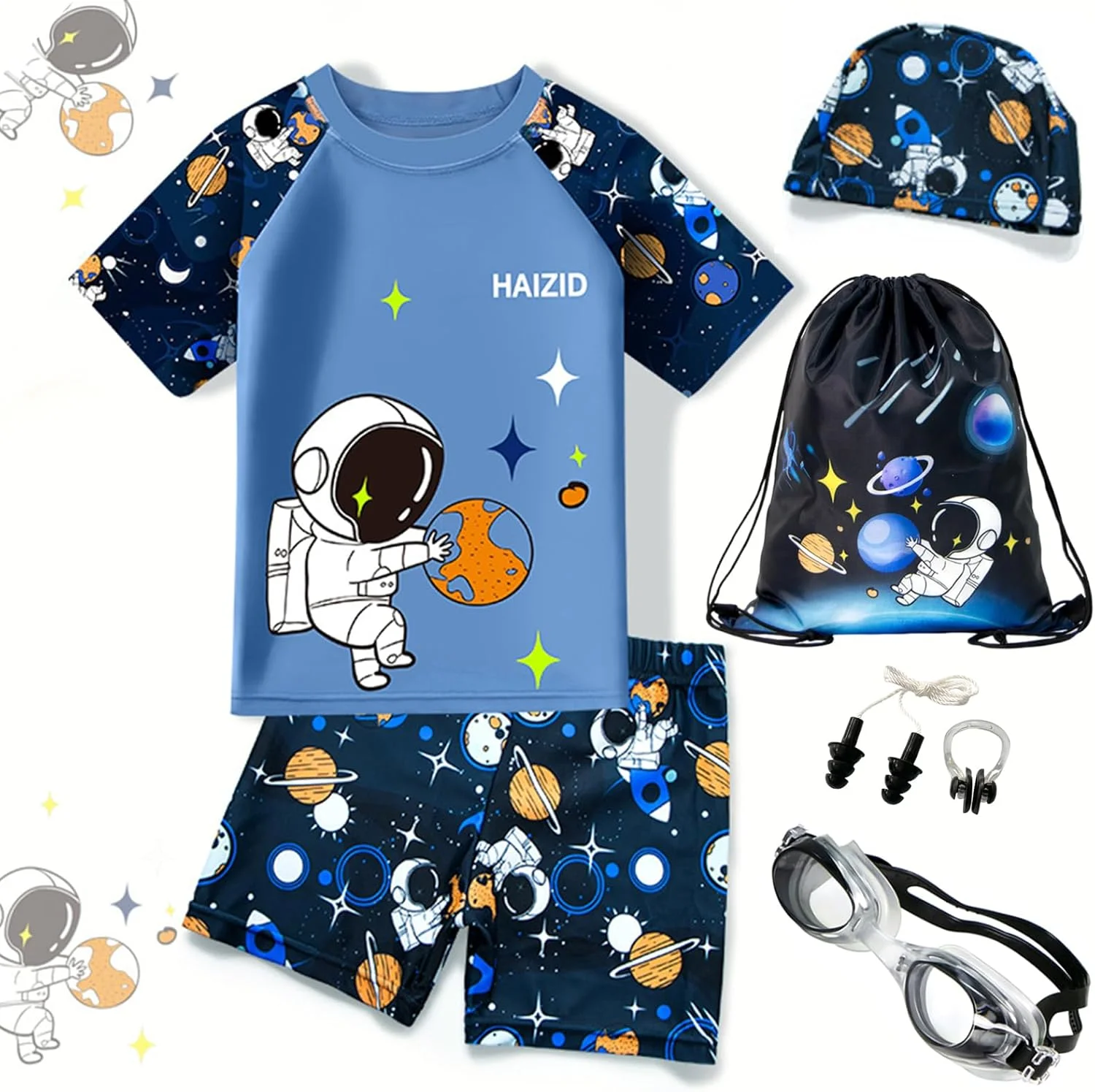 ست لباس شنا پسرانه ۷ تکه، محافظت از آفتاب UPF 50+، لباس شنای جداگانه با قابلیت خشک شدن سریع به همراه شورت، عینک شنا، کوله پشتی، کلاه و گیره بینی