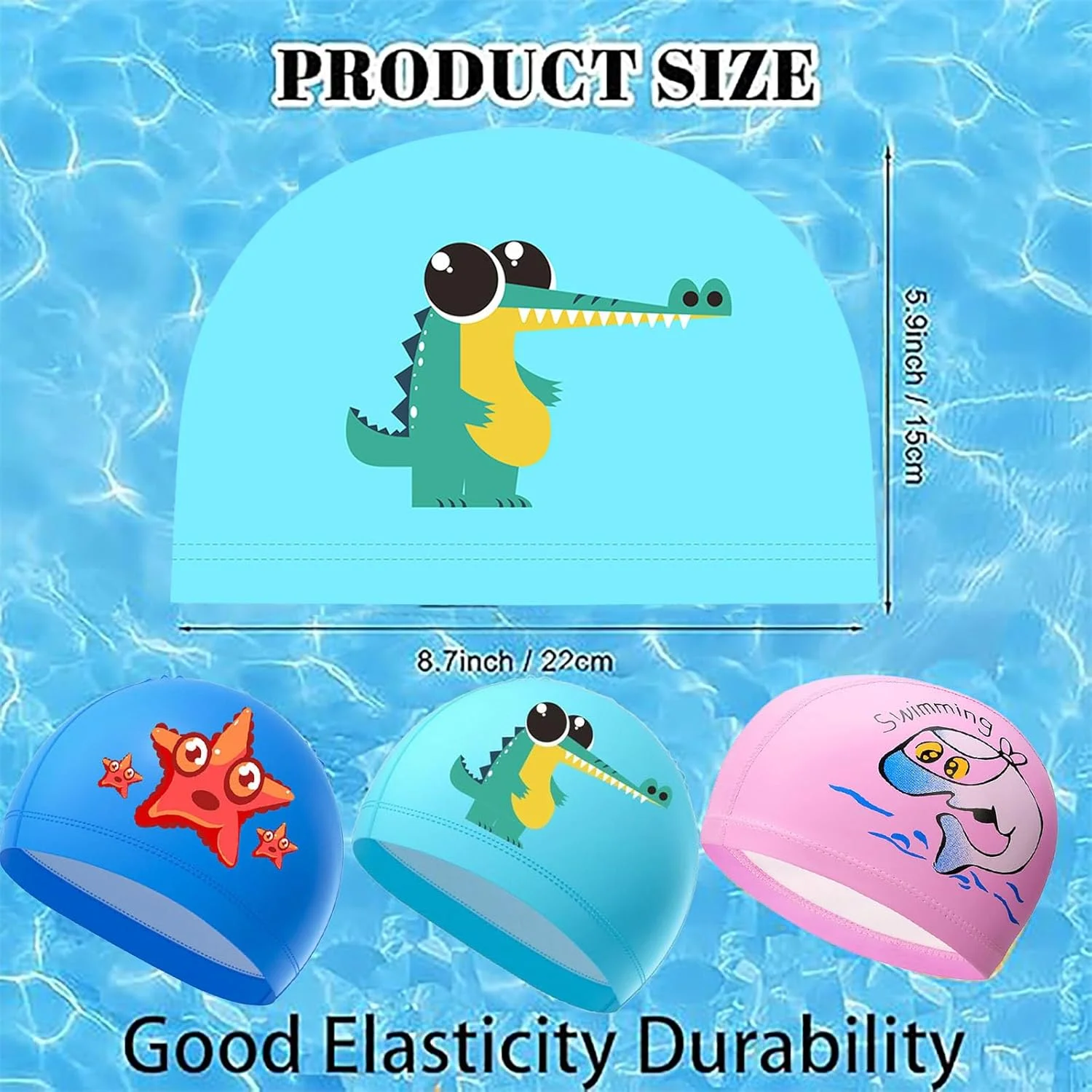 ست ۳ عددی کلاه شنا بچگانه، کلاه شنا ضد آب با روکش PU، طرح کارتونی زیبا، مناسب کودکان دختر و پسر ۳ تا ۱۶ سال، بادوام و ضد لغزش، کلاه شنای الاستیک