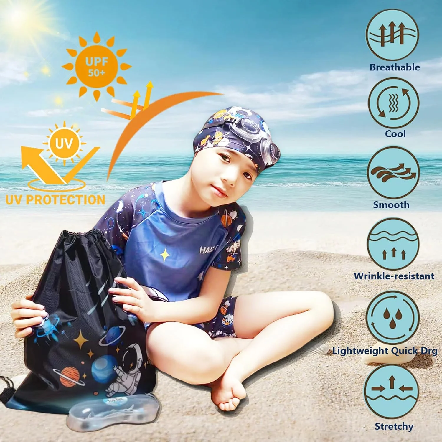 ست لباس شنا پسرانه ۷ تکه، محافظت از آفتاب UPF 50+، لباس شنای جداگانه با قابلیت خشک شدن سریع به همراه شورت، عینک شنا، کوله پشتی، کلاه و گیره بینی