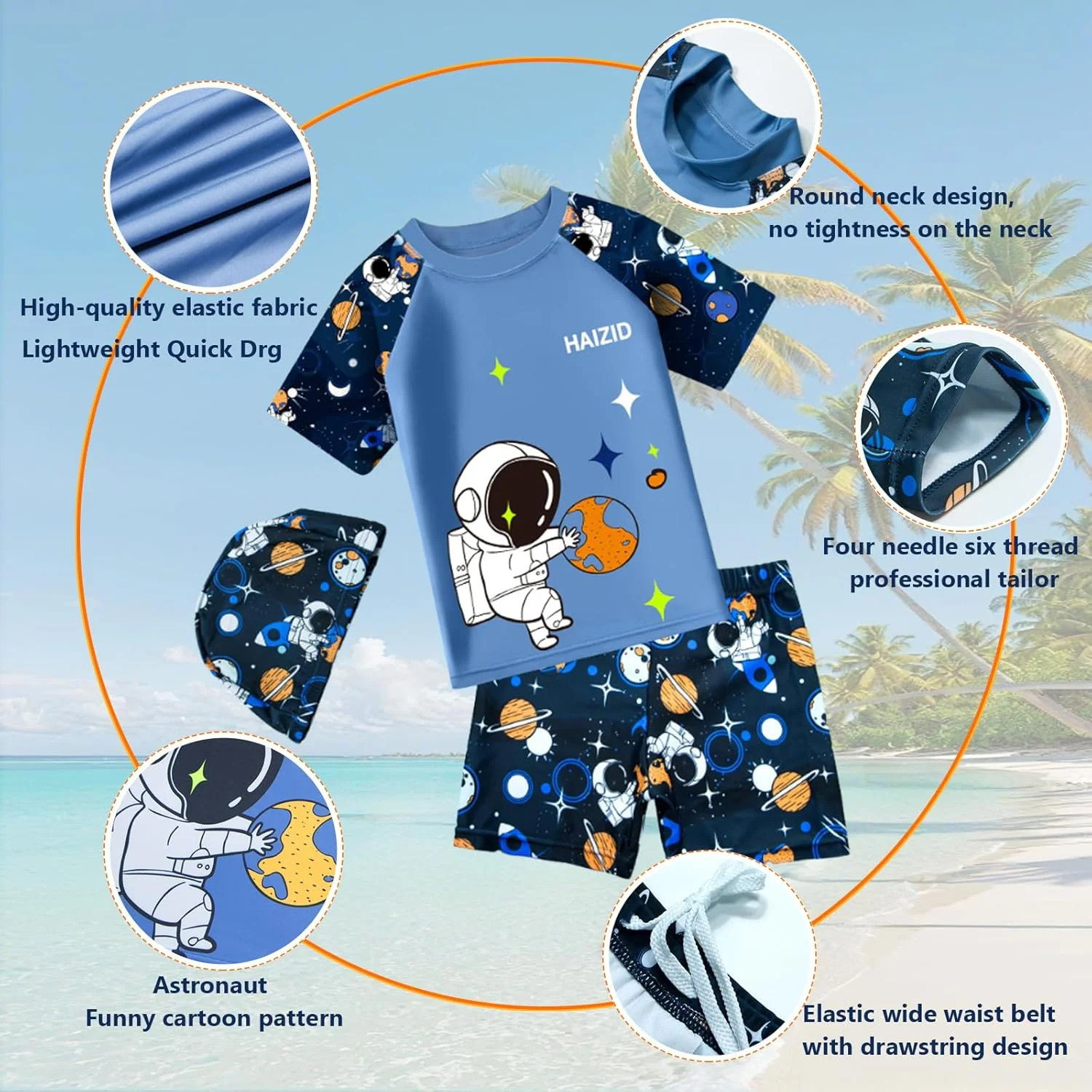 ست لباس شنا پسرانه ۷ تکه، محافظت از آفتاب UPF 50+، لباس شنای جداگانه با قابلیت خشک شدن سریع به همراه شورت، عینک شنا، کوله پشتی، کلاه و گیره بینی