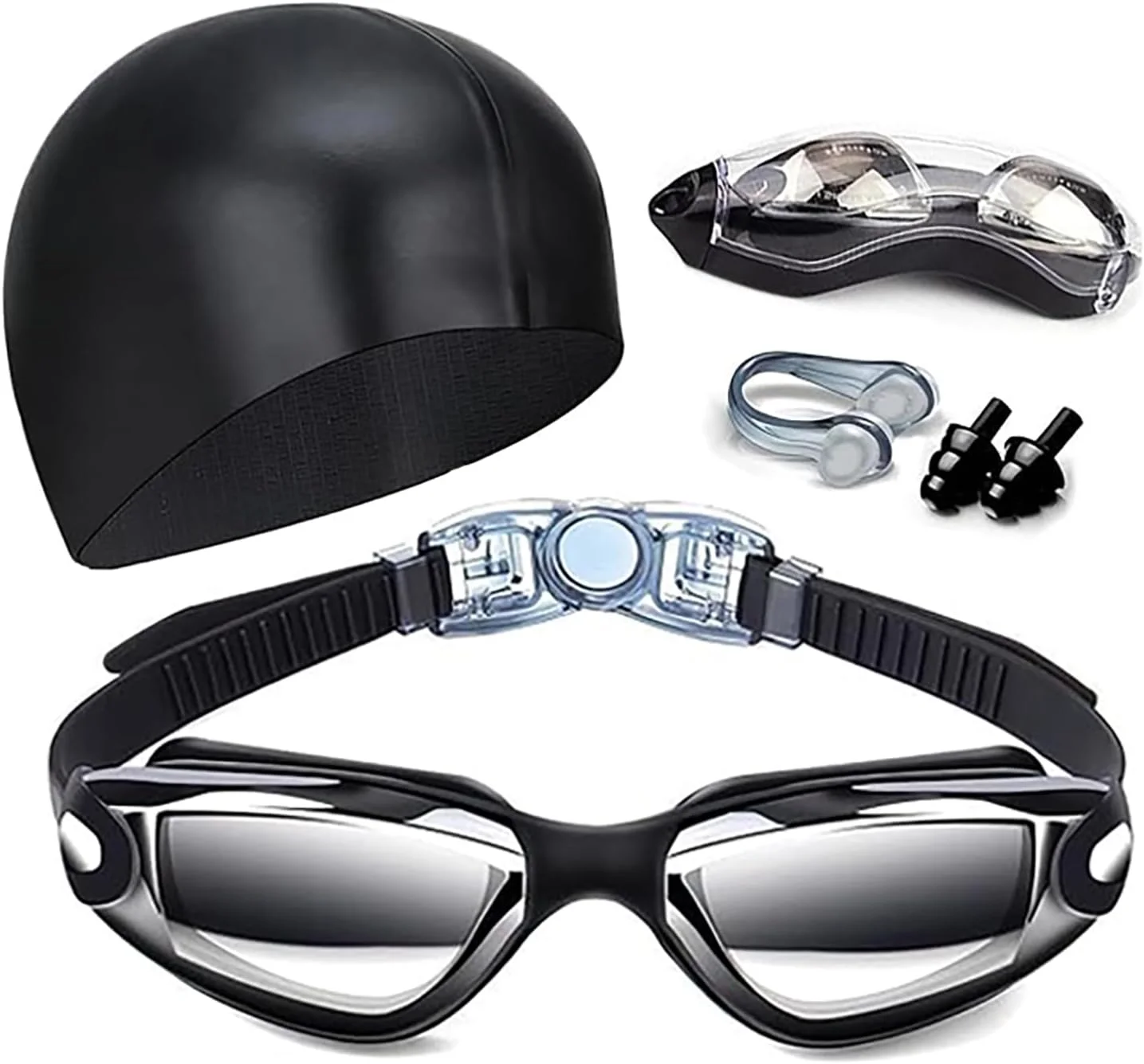 ست عینک شنا و کلاه شنا برای بزرگسالان، عینک شنا با محافظت UV، کلاه شنای سیلیکونی ضد آب با گیره بینی و گوش گیر (آبی، مشکی، صورتی)