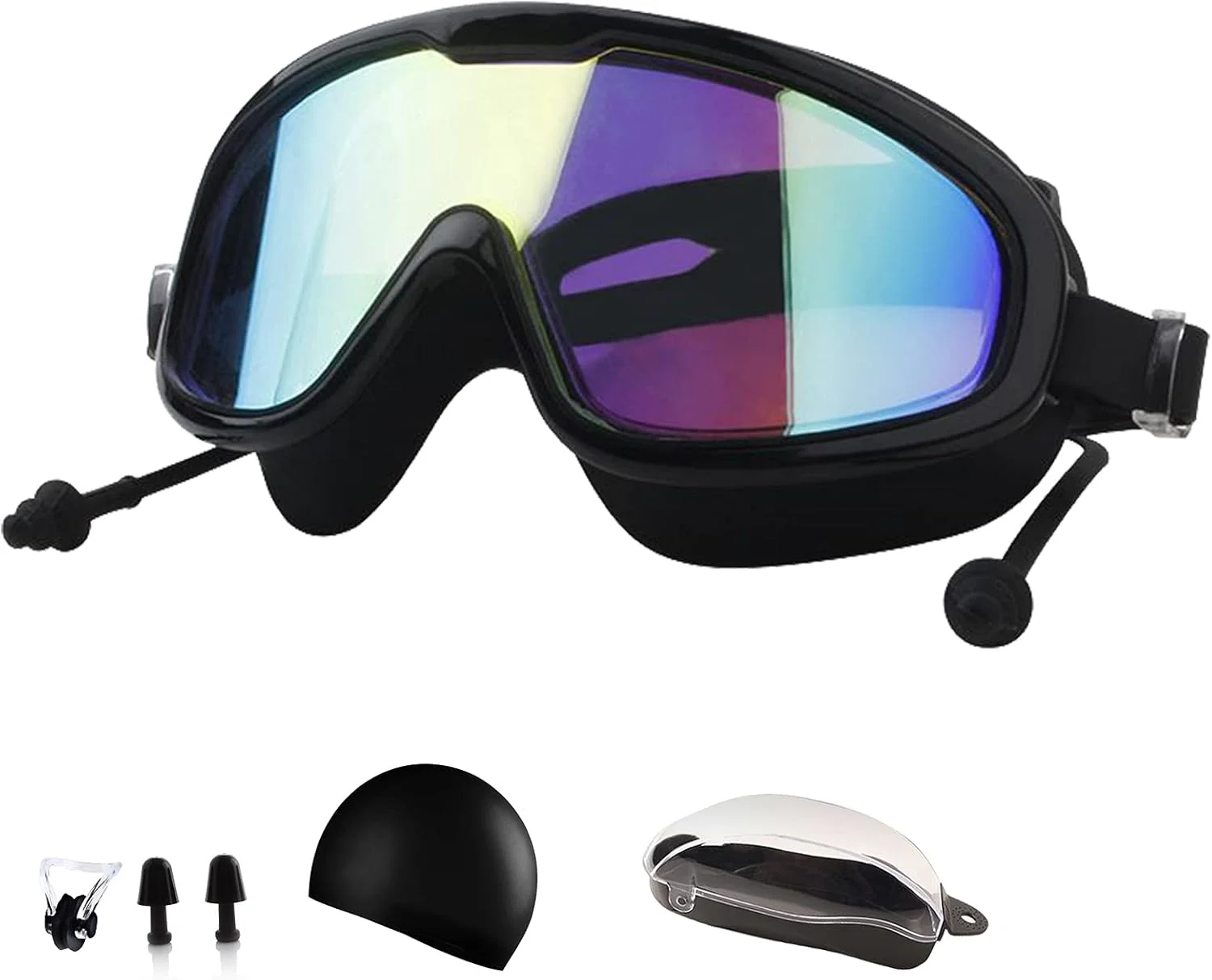 عینک شنا برای بزرگسالان به همراه کلاه شنا، گیره بینی و گوش گیر، عینک شنا برای زنان، مردان و جوانان، دید 180 درجه، ضد بخار، بدون نشتی، محافظت در برابر اشعه ماوراء بنفش