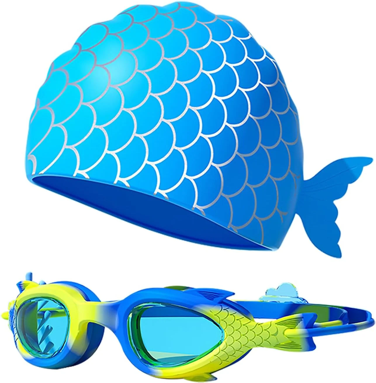 ست کلاه شنا و عینک شنا برای کودکان، کلاه شنای سیلیکونی ضد آب با طرح کارتونی زیبا برای پسران و دختران، ست کلاه و عینک شنا برای کودکان 3-12 سال (آبی)