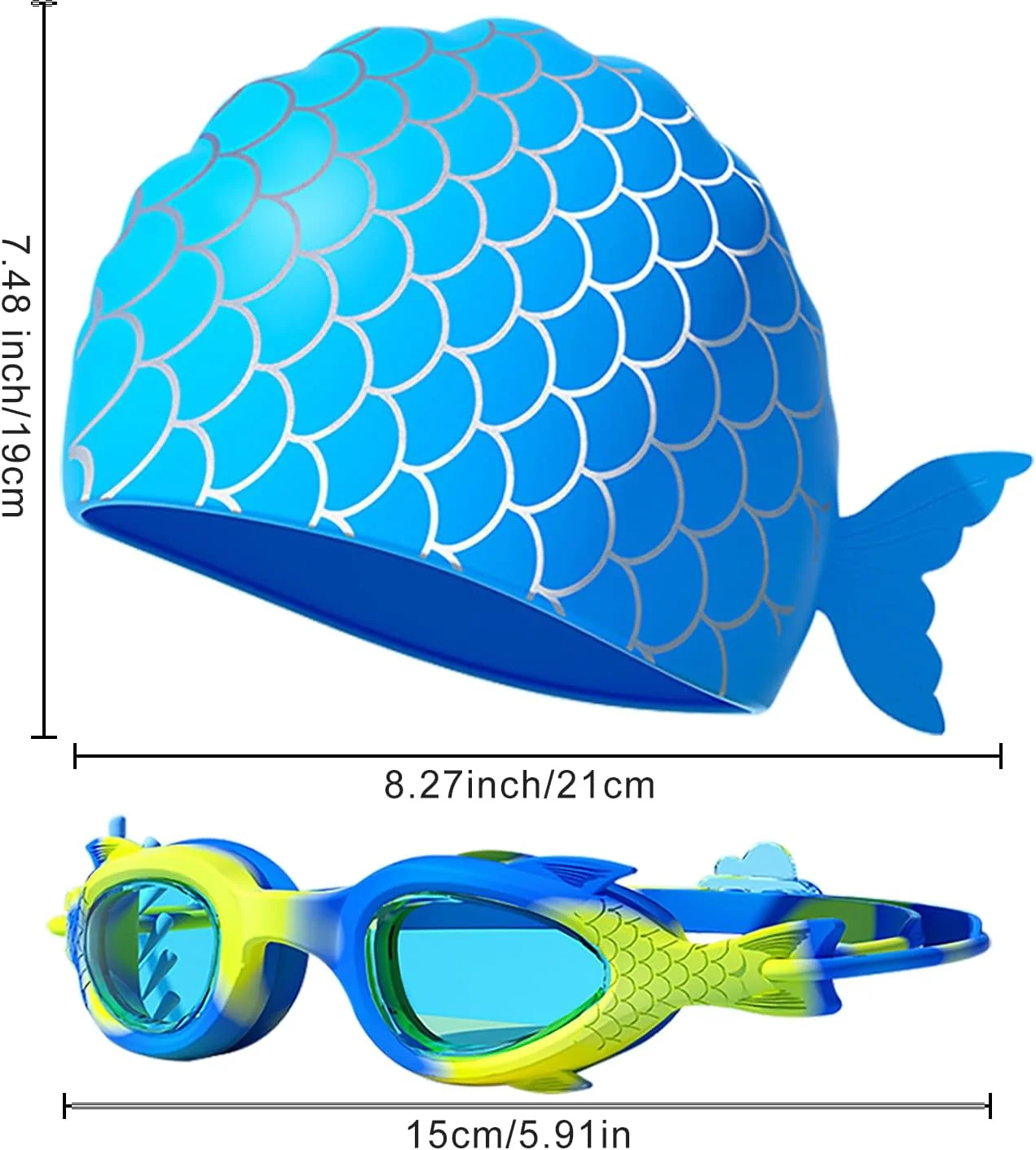 ست کلاه شنا و عینک شنا برای کودکان، کلاه شنای سیلیکونی ضد آب با طرح کارتونی زیبا برای پسران و دختران، ست کلاه و عینک شنا برای کودکان 3-12 سال (آبی)