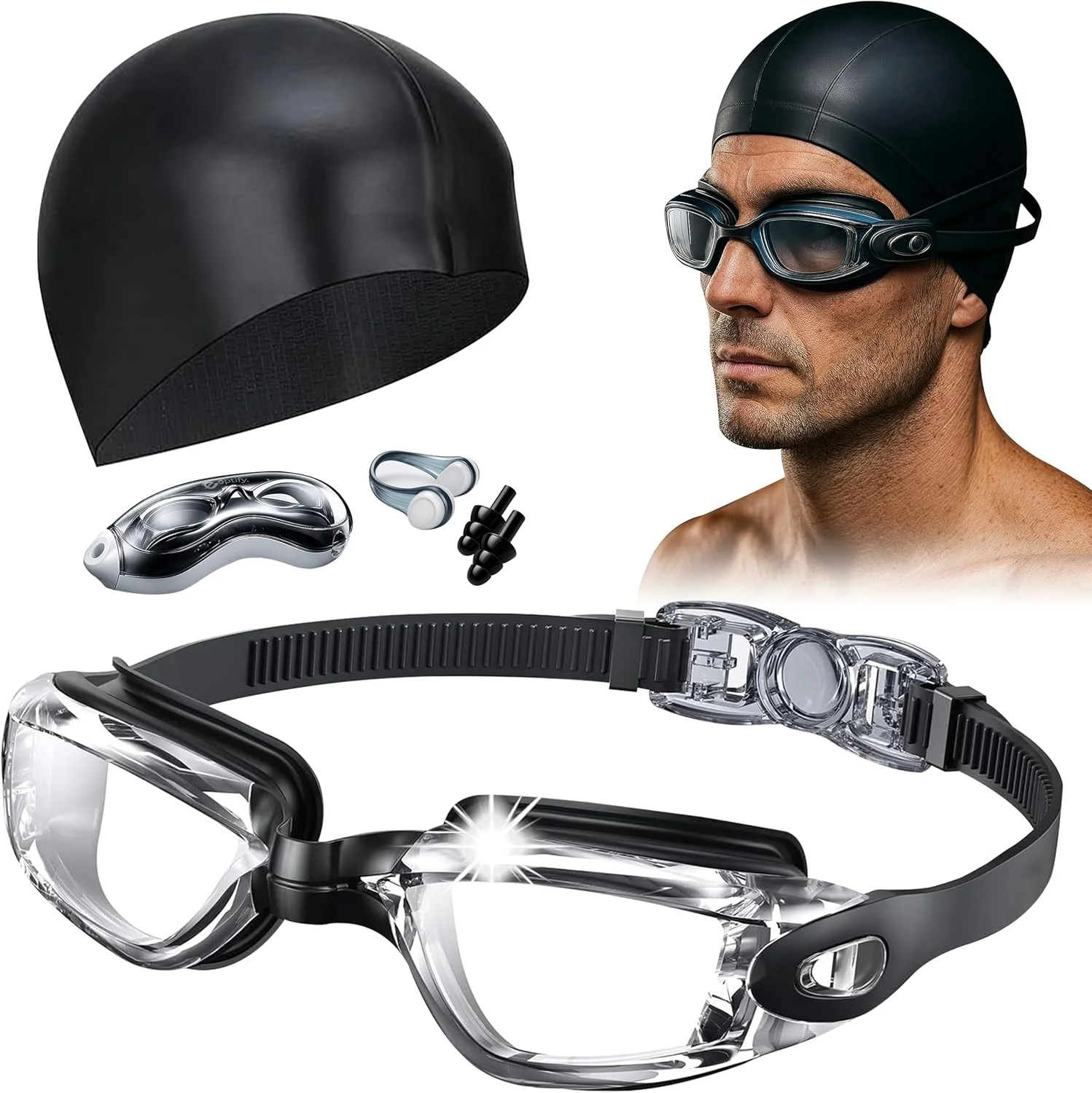 عینک شنا برای مردان، زنان و کودکان، ضد بخار، محافظت در برابر اشعه ماوراء بنفش، با بند قابل تنظیم، کلاه شنا، گیره بینی، گوش گیر، جعبه، عینک شنا، مجموعه عینک شنا، عینک استخری ضد آب