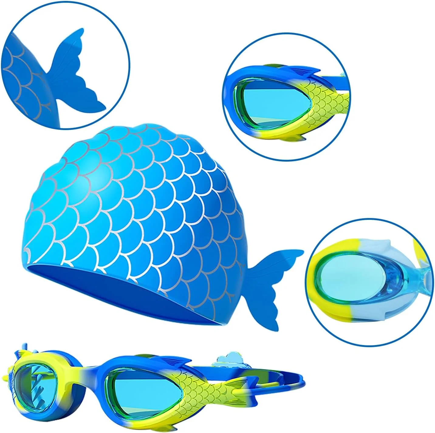 ست کلاه شنا و عینک شنا برای کودکان، کلاه شنای سیلیکونی ضد آب با طرح کارتونی زیبا برای پسران و دختران، ست کلاه و عینک شنا برای کودکان 3-12 سال (آبی)