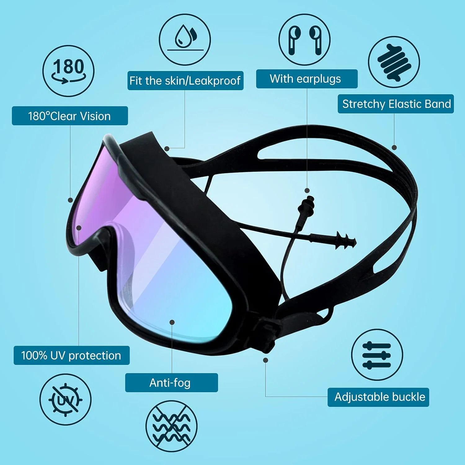 عینک شنا برای بزرگسالان به همراه کلاه شنا، گیره بینی و گوش گیر، عینک شنا برای زنان، مردان و جوانان، دید 180 درجه، ضد بخار، بدون نشتی، محافظت در برابر اشعه ماوراء بنفش