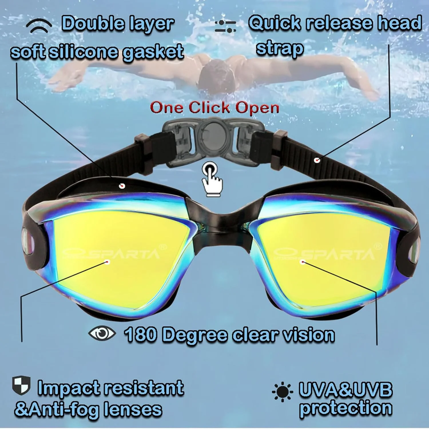 عینک شنا دید گسترده OUTDOOR SPARTA، ضد بخار، شفاف، بدون نشتی، محافظت در برابر اشعه ماوراء بنفش، مناسب برای شنای بانوان، آقایان و بزرگسالان