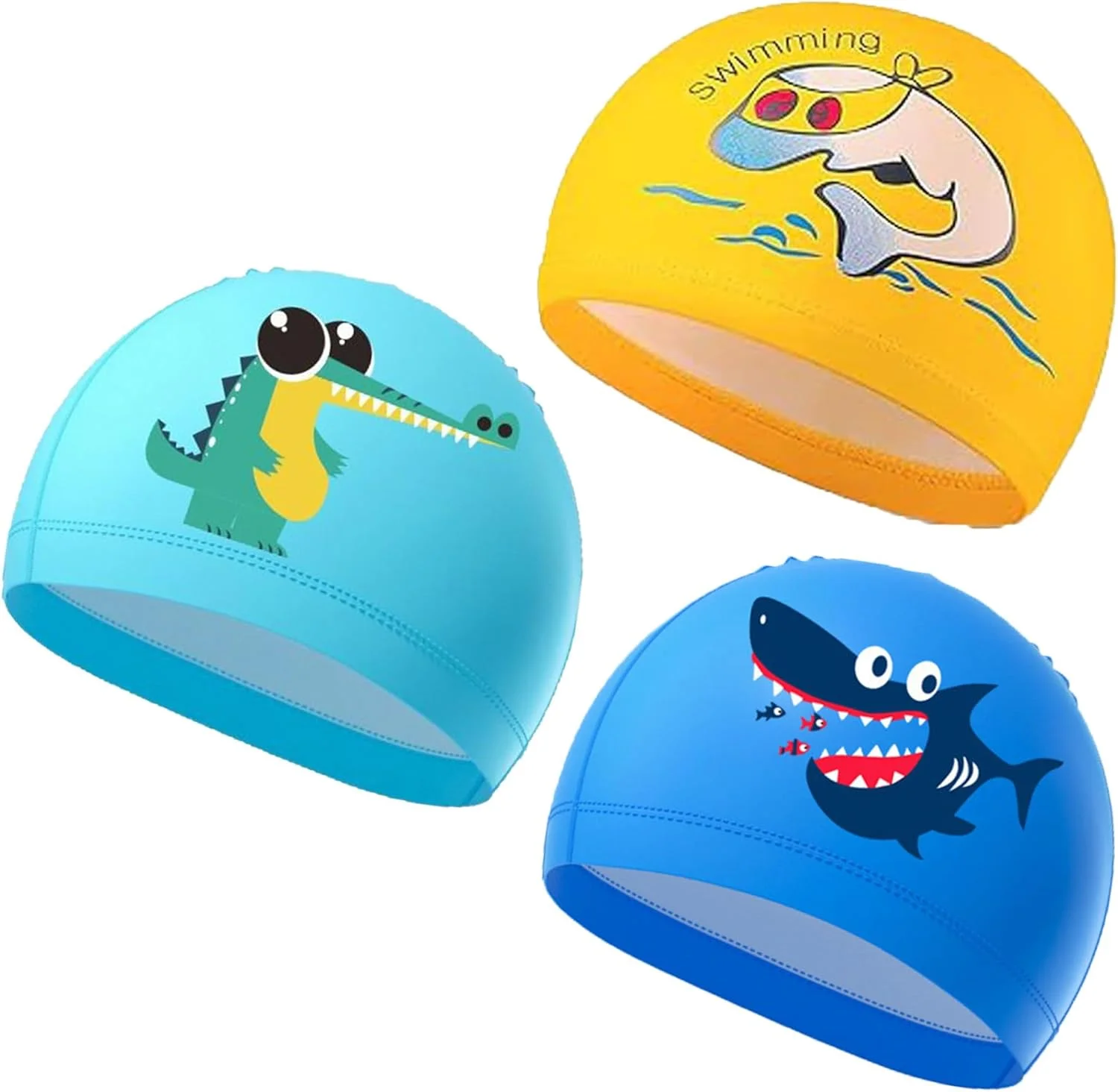 ست ۳ عددی کلاه شنا بچگانه، کلاه شنا ضد آب با روکش PU، طرح کارتونی زیبا، مناسب کودکان دختر و پسر ۳ تا ۱۶ سال، بادوام و ضد لغزش، کلاه شنای الاستیک