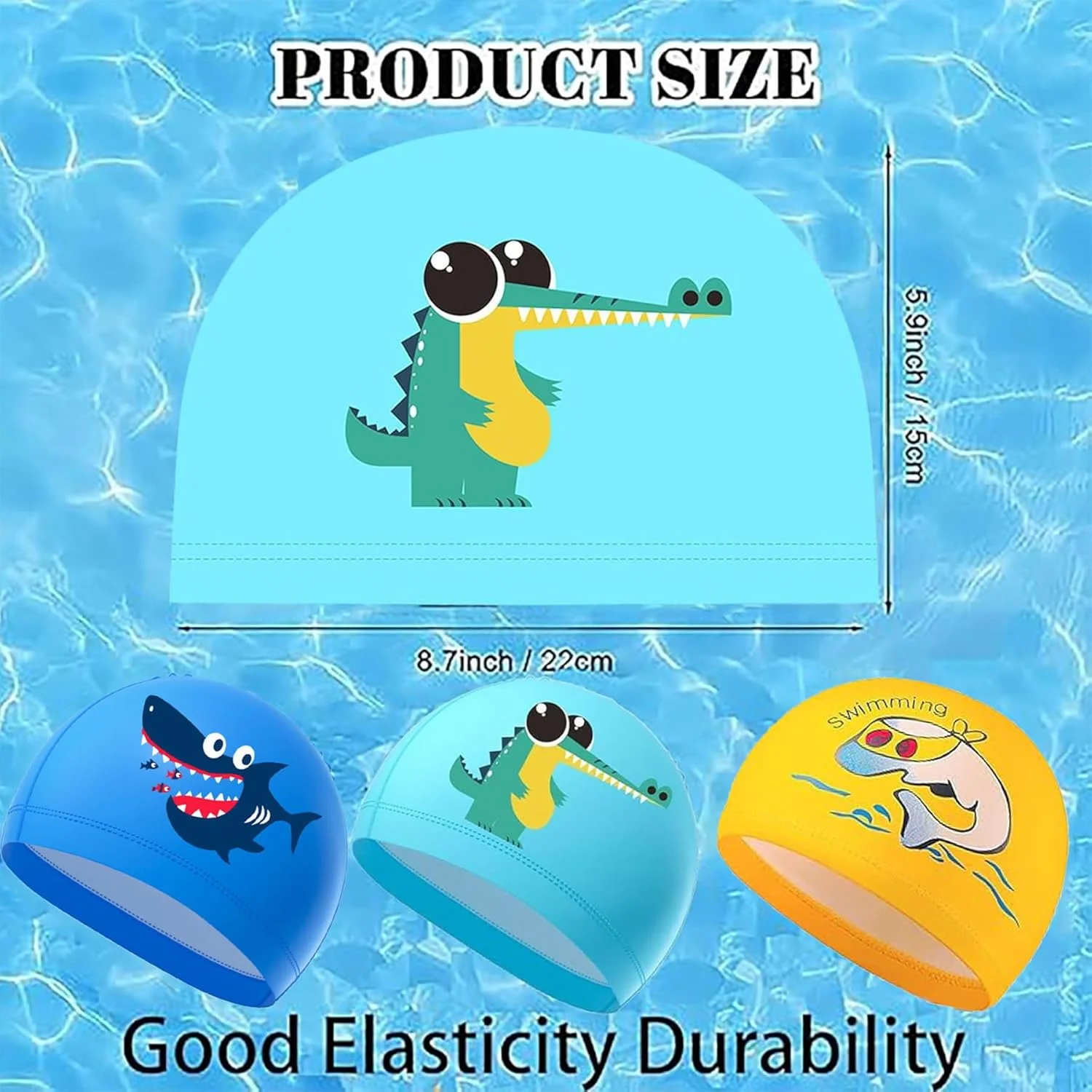 ست ۳ عددی کلاه شنا بچگانه، کلاه شنا ضد آب با روکش PU، طرح کارتونی زیبا، مناسب کودکان دختر و پسر ۳ تا ۱۶ سال، بادوام و ضد لغزش، کلاه شنای الاستیک