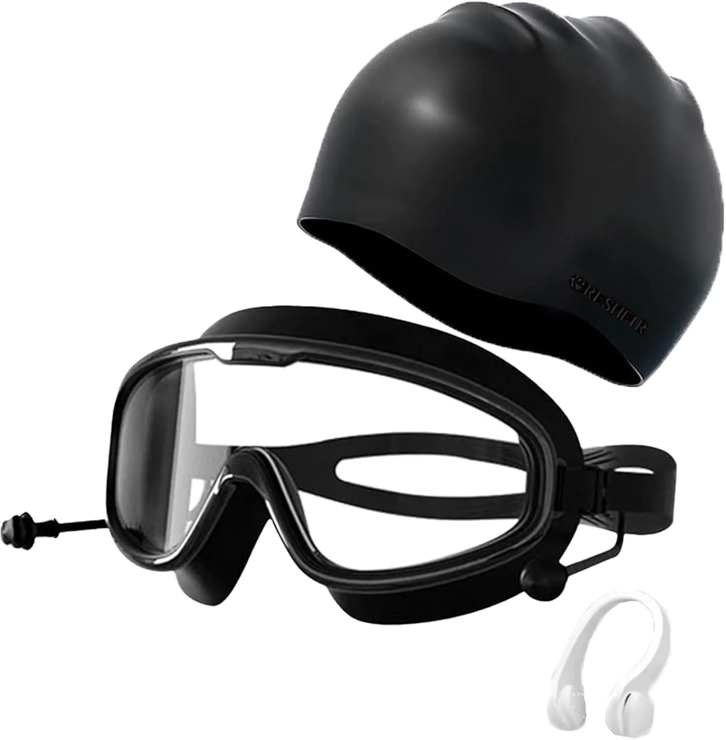 مجموعه عینک و کلاه شنا، دید وسیع و شفاف بدون نشت، ضد بخار و محافظت در برابر اشعه ماوراء بنفش، کلاه سیلیکونی ضد آب با گوش گیر و گیره بینی، برای آقایان و بانوان.