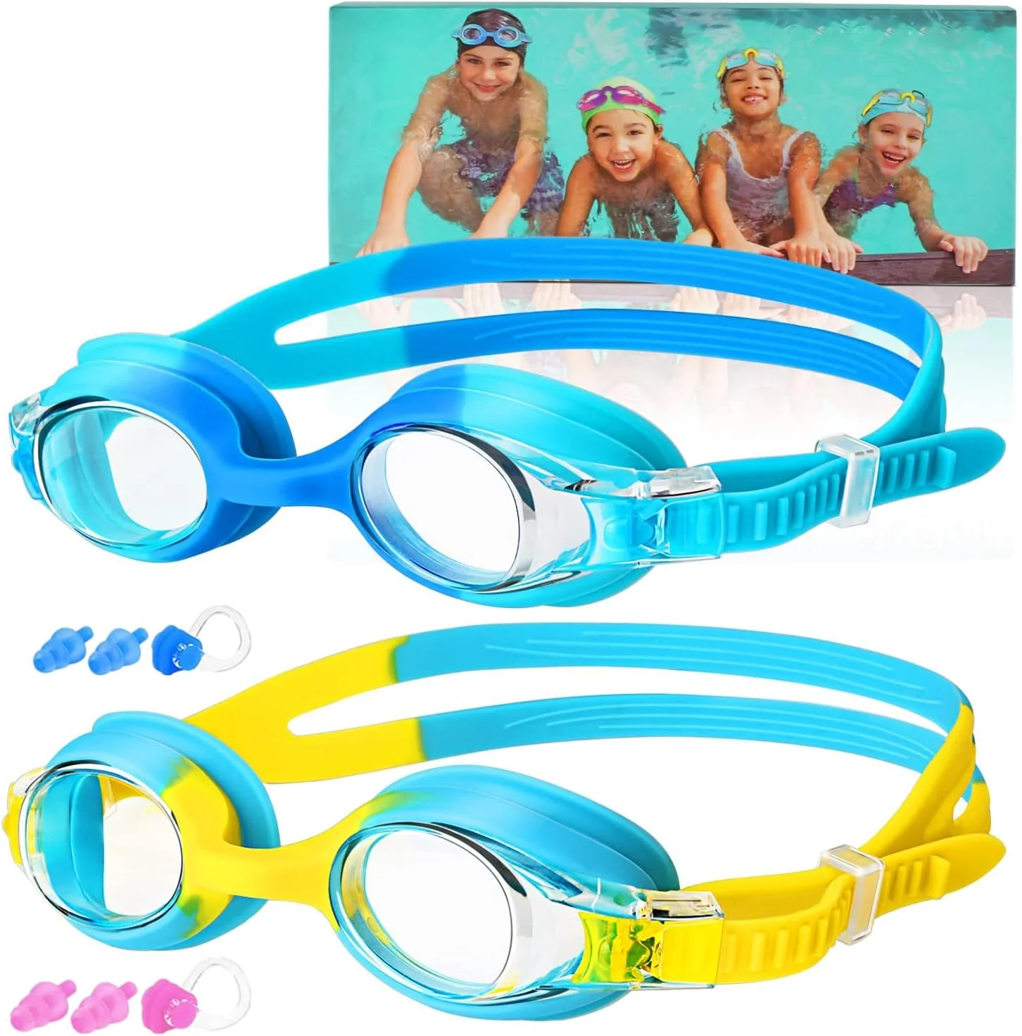 عینک شنا کودکانه، بسته 2 عددی عینک شنا برای کودکان، پسران، دختران با ضد مه و محافظت در برابر اشعه ماوراء بنفش، بدون نشتی، بند انعطاف پذیر/پل بینی عینک شنا برای کودکان 3-14 سال (چند رنگ 1، آبی زرد)