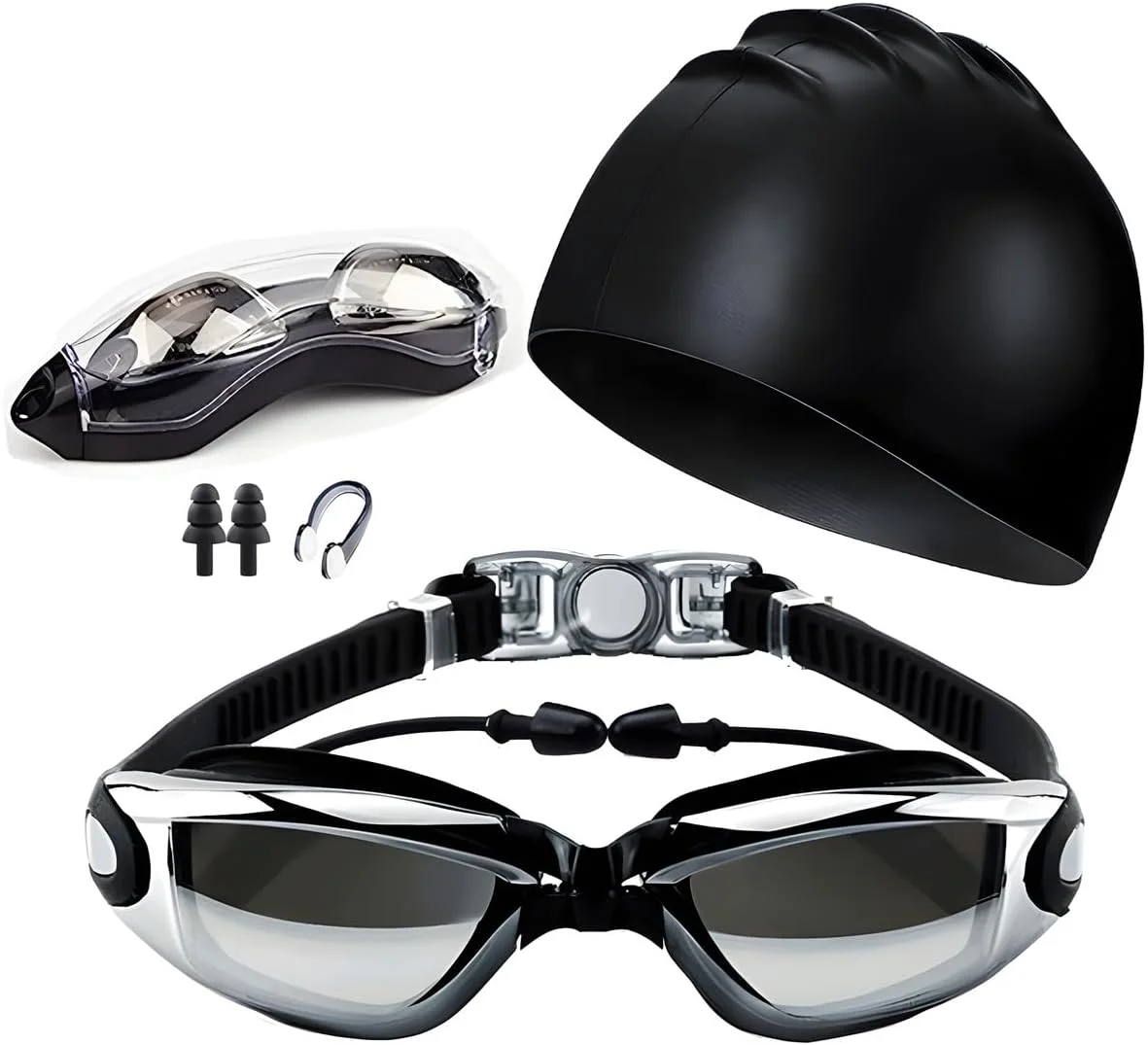 مجموعه عینک شنا - ضد نشت، ضد بخار، محافظت در برابر اشعه ماوراء بنفش برای بزرگسالان و جوانان به همراه پوشش بینی، گوش گیر و کلاه شنا، عینک محافظ برای آقایان بدون نشت