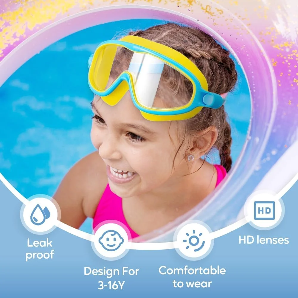 عینک شنای کودکانه، گوش گیر و گیره بینی، عینک بچه گانه مناسب کودکان 3 تا 16 سال دختر و پسر، ضد بخار، ضد آب، لنزهای محافظ UV، دید وسیع و شفاف