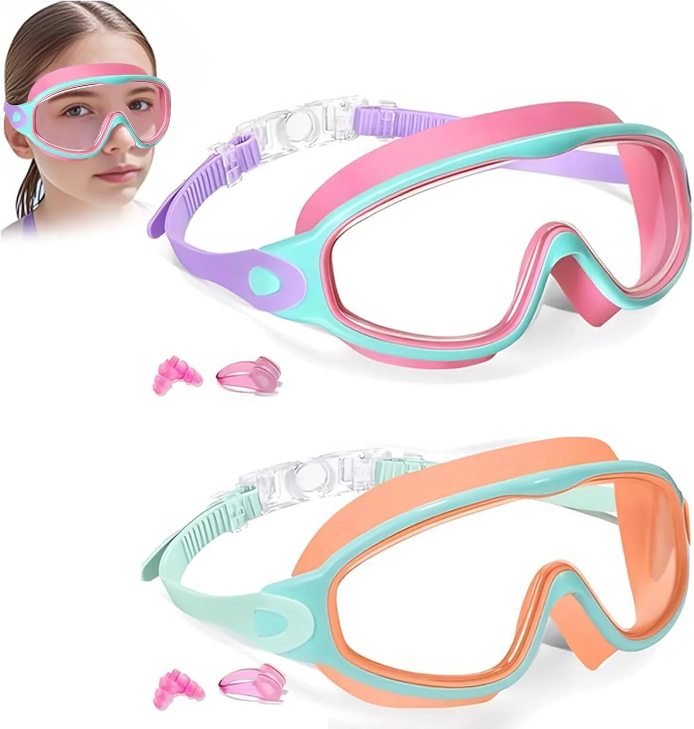 عینک شنا کودک بسته 2 عددی، عینک شنا برای کودکان 3-14 سال، دید گسترده ضد بخار ضد آب لنزهای محافظ UV، عینک شنا بدون نشتی برای مردان زنان دختران، بند قابل تنظیم، با ماسک بینی