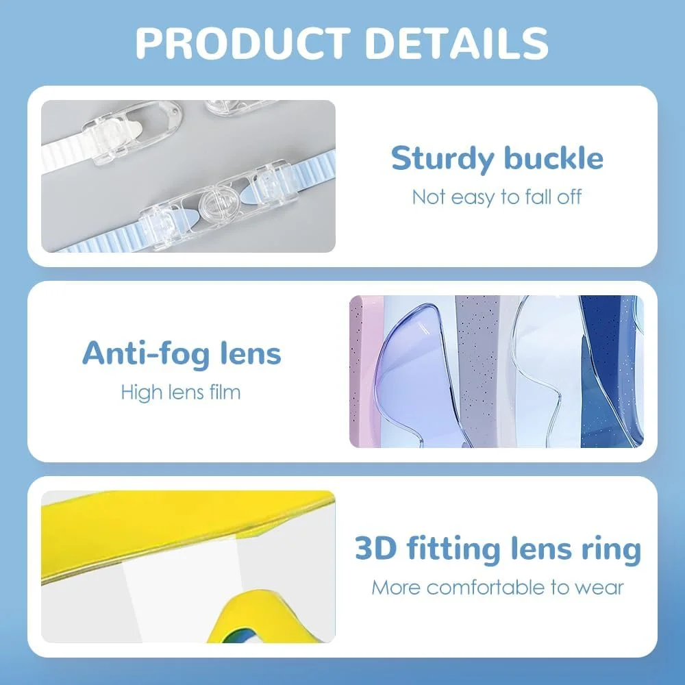 عینک شنای کودکانه، گوش گیر و گیره بینی، عینک بچه گانه مناسب کودکان 3 تا 16 سال دختر و پسر، ضد بخار، ضد آب، لنزهای محافظ UV، دید وسیع و شفاف