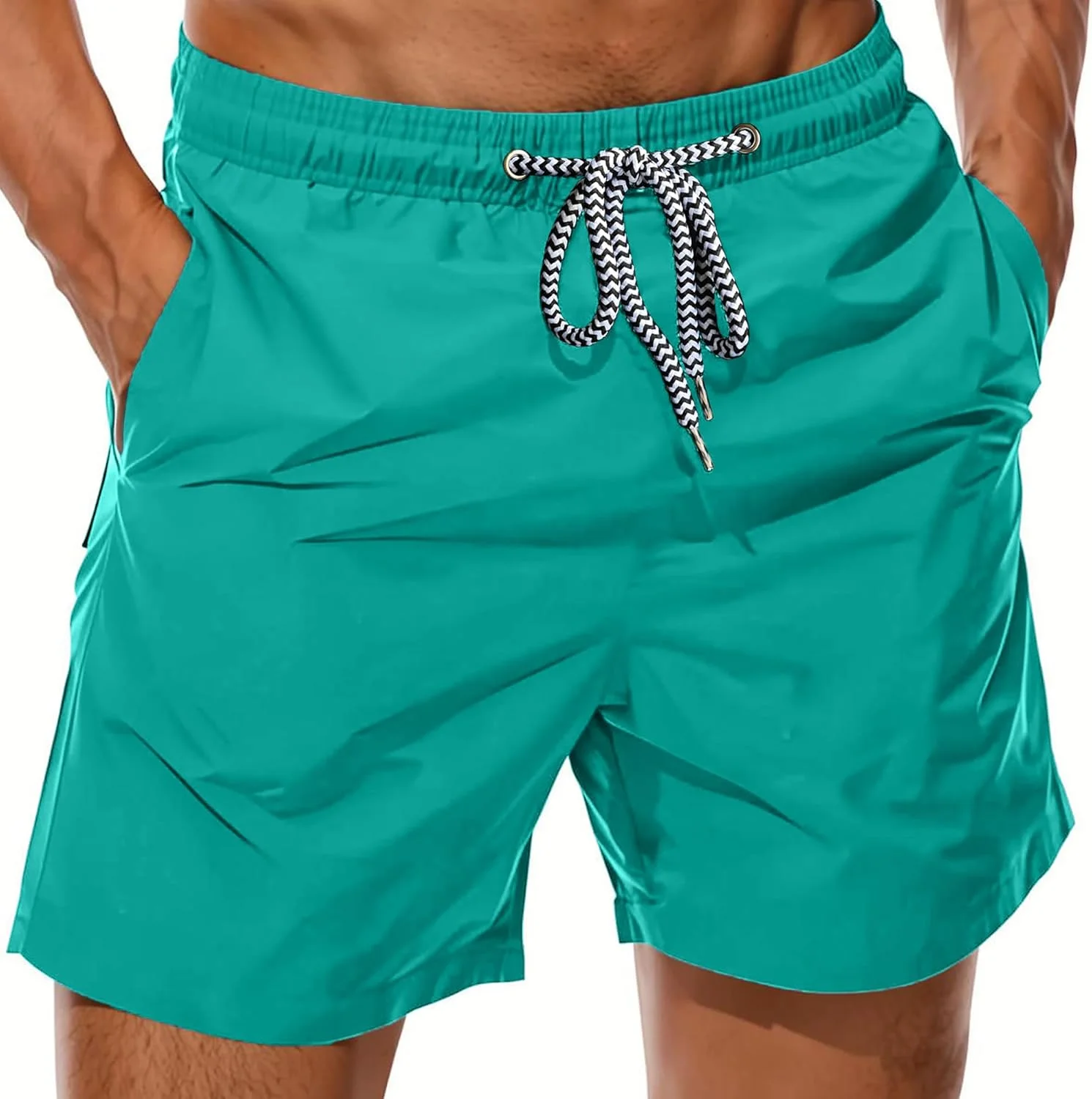 شلوارک شنا مردانه، شورت شنا خشک‌شونده سریع، لباس شنا لایه توری، شورت ساحلی ساده با جیب‌های توری