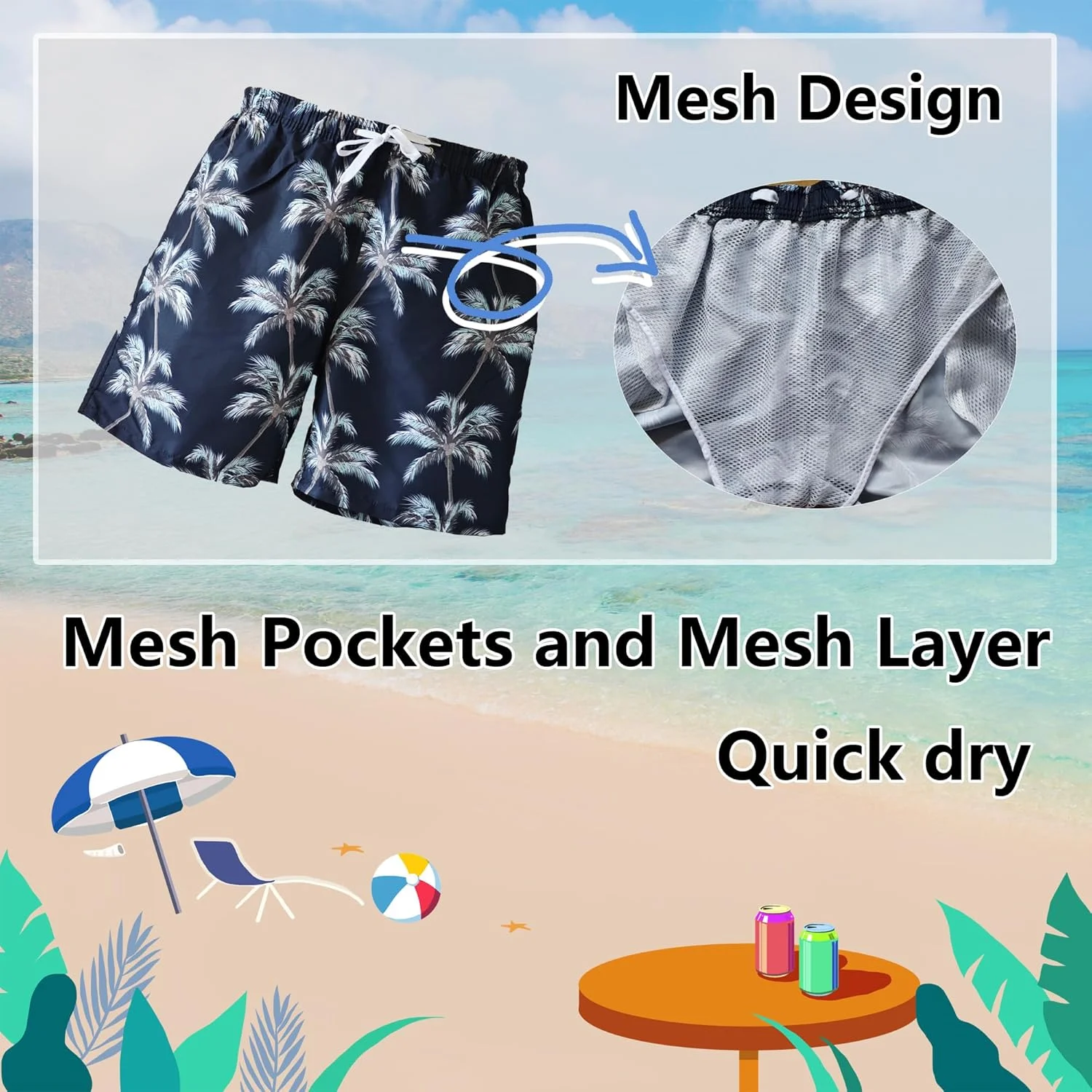 شورت شنا مردانه، شورت شنا سریع خشک شونده، لباس شنا توری، شورت موج سواری ساحلی با جیب های توری