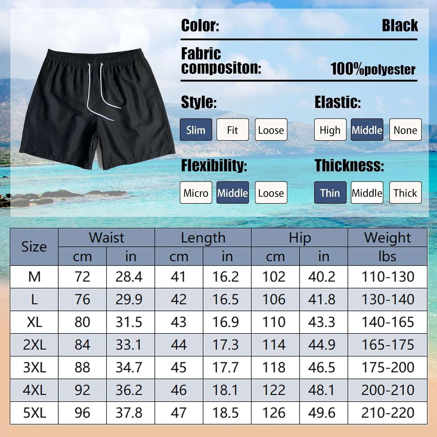 شلوارک شنا مردانه، شلوارک شنا خشک‌شونده سریع، لایه توری، شلوارک تخته شنا ساحلی، لباس شنا ورزشی غیررسمی سبک وزن با جیب‌های توری 5 اینچی
