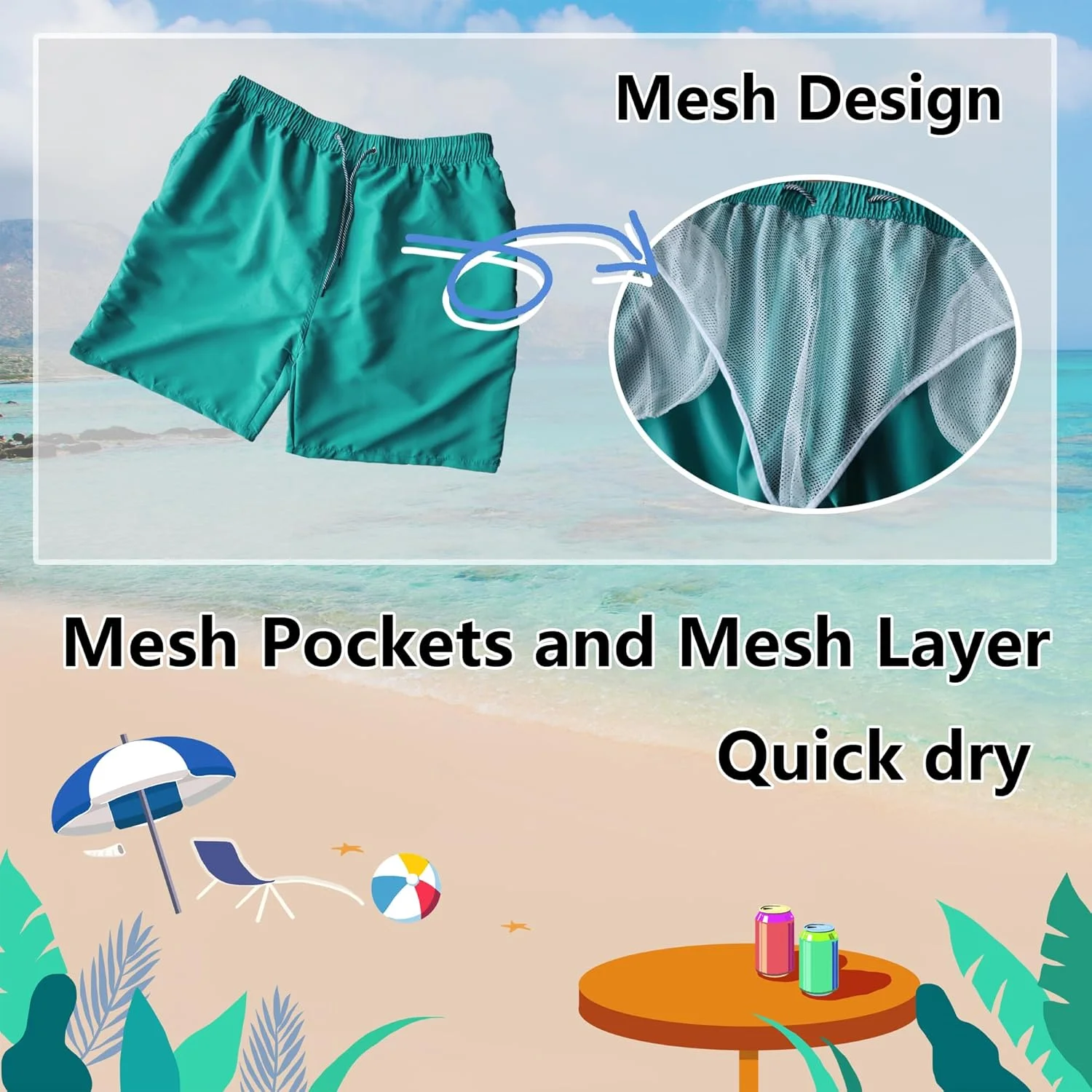 شلوارک شنا مردانه، شورت شنا خشک‌شونده سریع، لباس شنا لایه توری، شورت ساحلی ساده با جیب‌های توری
