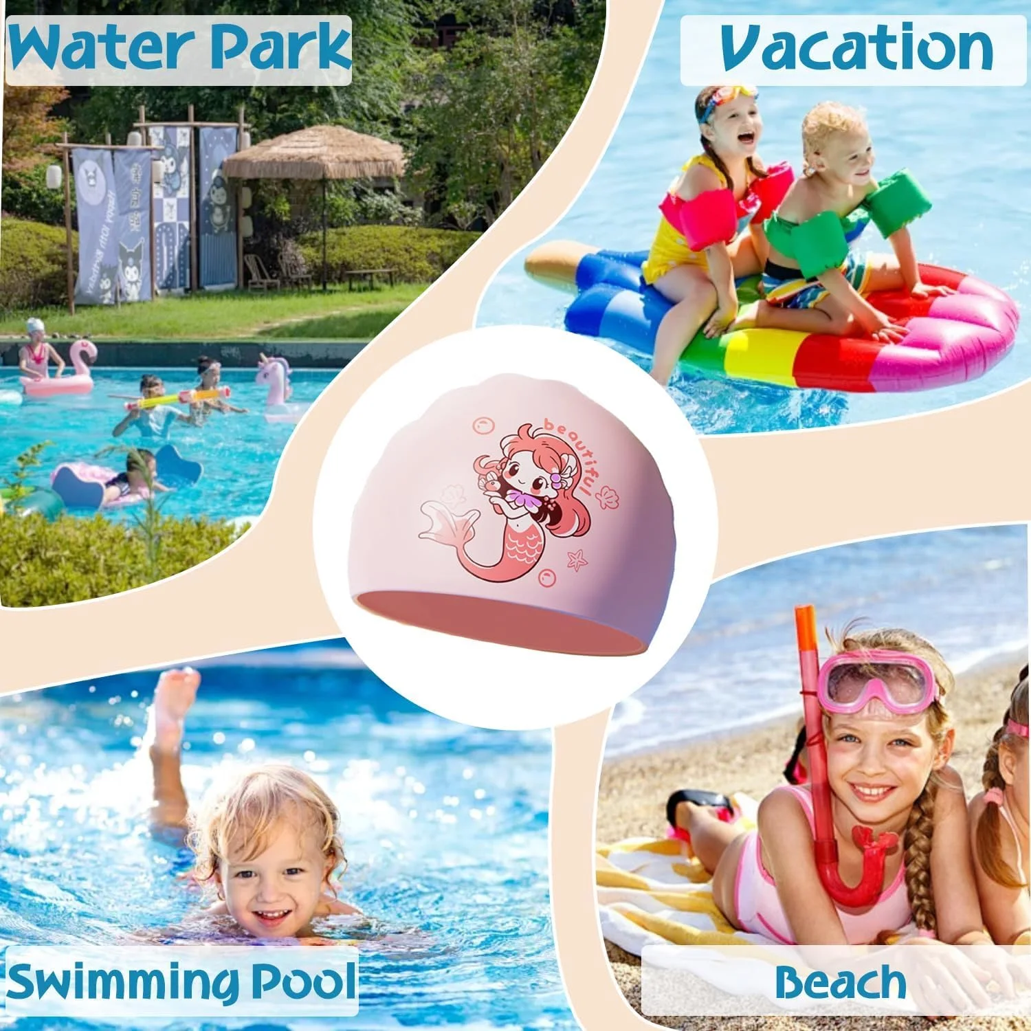 کلاه شنای تابستانی، کلاه شنای بچه گانه برای دختران و پسران 3 تا 13 سال، کلاه شنای سیلیکونی برای موهای بلند و کوتاه، کلاه شنای کشسان و راحت