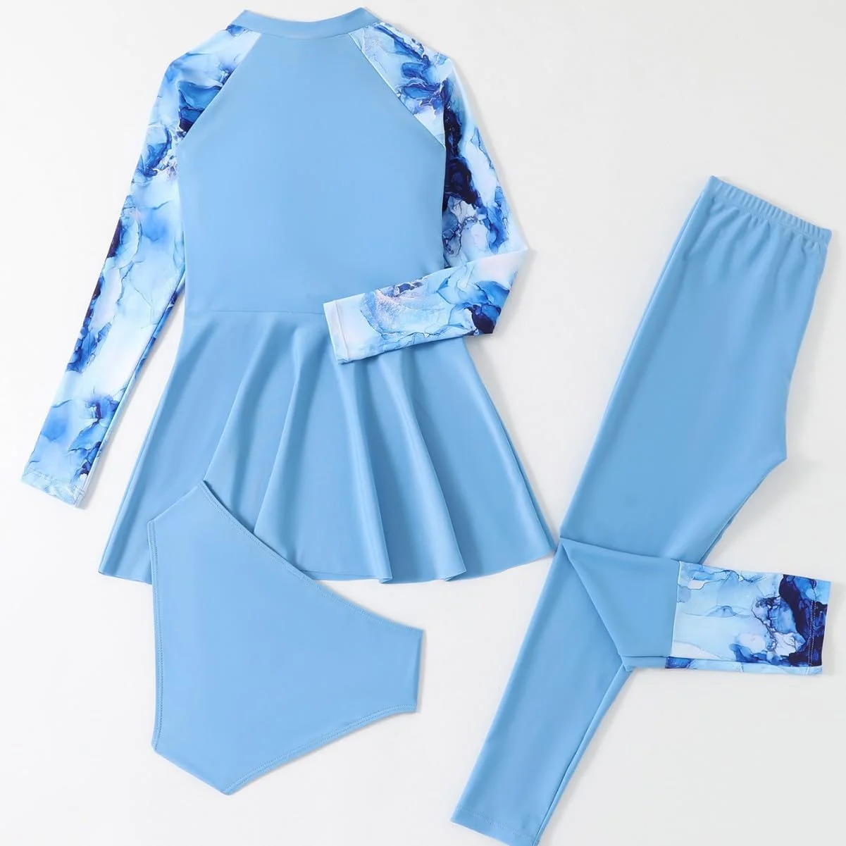 ست مایو اسلامی سه تکه دخترانه، محافظ آستین بلند با ساق، لباس شنا پوشیده با محافظت در برابر اشعه ماوراء بنفش 50+