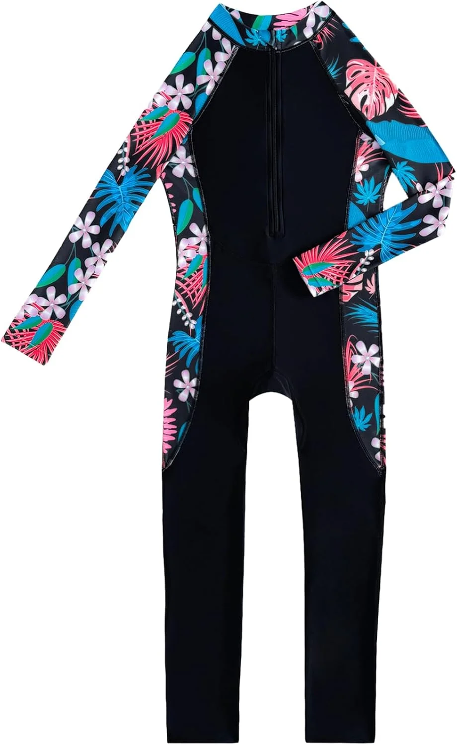 مایو یک تکه دخترانه آستین بلند با طرح گل، لباس شنای زیپ دار با محافظت UPF 50+، لباس شنای کامل و پوشیده مناسب موج سواری و ورزش های آبی