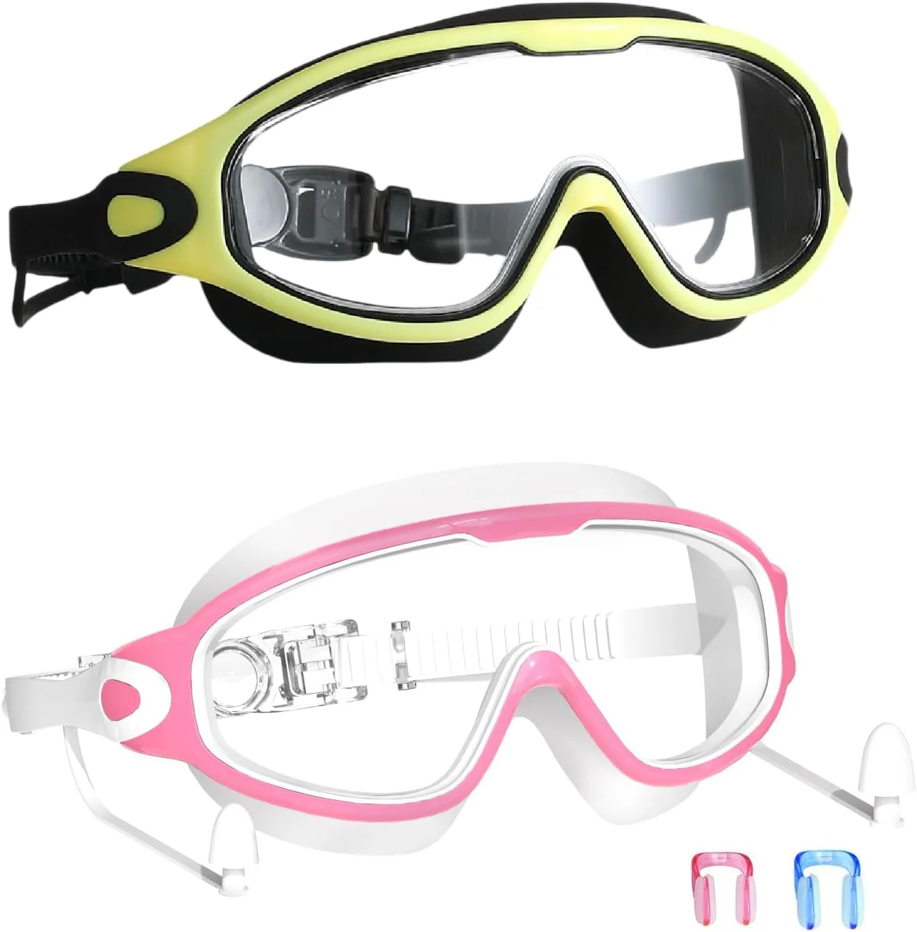 عینک شنا با گوش گیر، عینک شنا با فریم بزرگ ضد بخار/UV، بدون نشتی، هدیه تابستانی برای مردان، زنان و کودکان، 2 عدد
