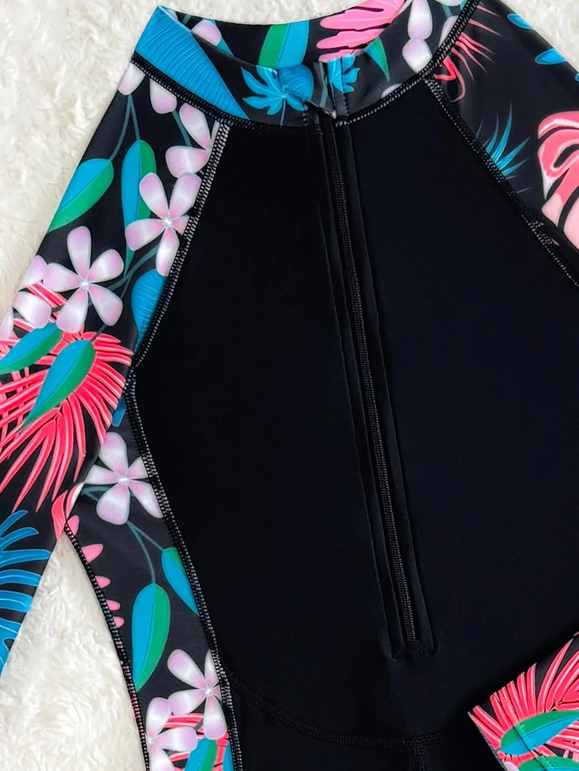 مایو یک تکه دخترانه آستین بلند با طرح گل، لباس شنای زیپ دار با محافظت UPF 50+، لباس شنای کامل و پوشیده مناسب موج سواری و ورزش های آبی