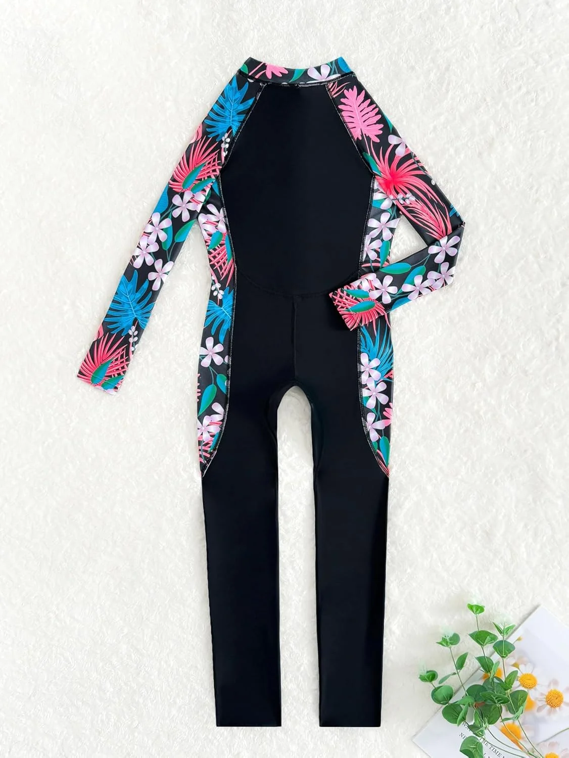مایو یک تکه دخترانه آستین بلند با طرح گل، لباس شنای زیپ دار با محافظت UPF 50+، لباس شنای کامل و پوشیده مناسب موج سواری و ورزش های آبی
