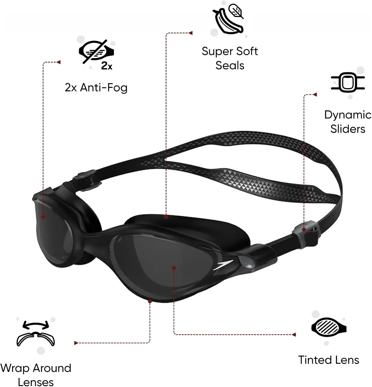 عینک شنا اسپیدو مدل V-Class Vue، مشکی/نقره‌ای/دودی روشن، سایز آزاد